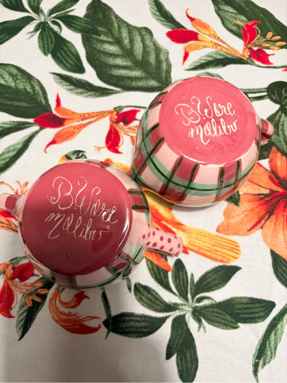 B.Ware Malibu Hand-Painted Pink Ceramic Mug Set with Green Plaid Accents